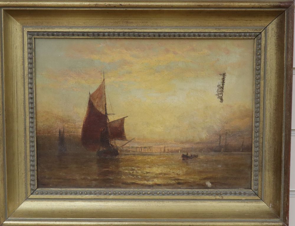 George Stainton (1838-1900), oil on canvas, Coastal scene at sunset, signed, 24 x 34cm. tear to canvas